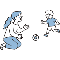サッカーをする少年と見守る母親のイラスト